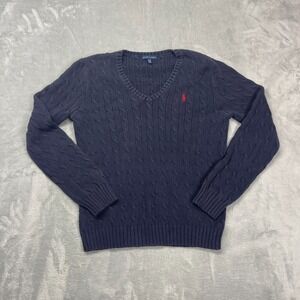 Ralph Lauren Sweater Womens XL Navy Blue Cable-Knit Pony Logo Red Polo Pony Logo